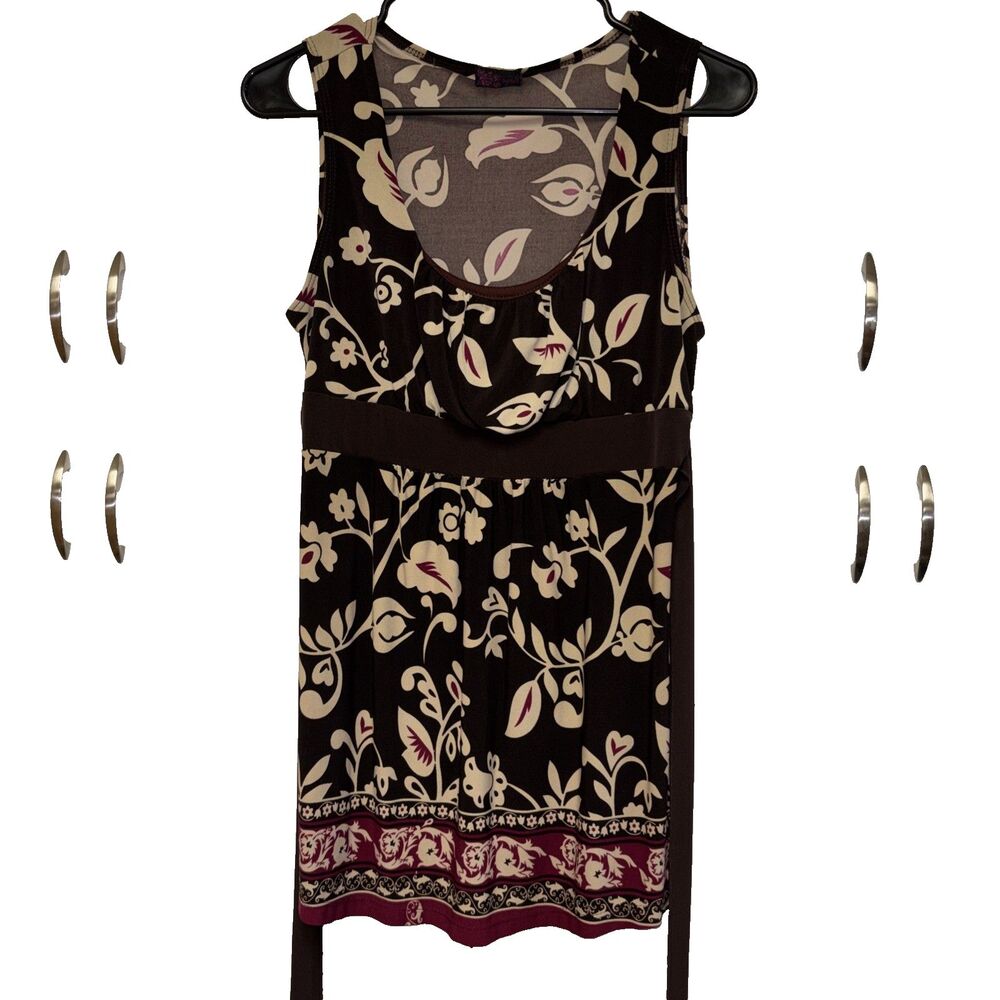 Agenda Floral Empire Tie Waist Sleeveless Tunic Top Brown Burgundy Scoop Neck M